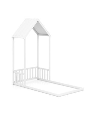 Twin House-Shaped Bed with Roof and Semi Fence for Kids