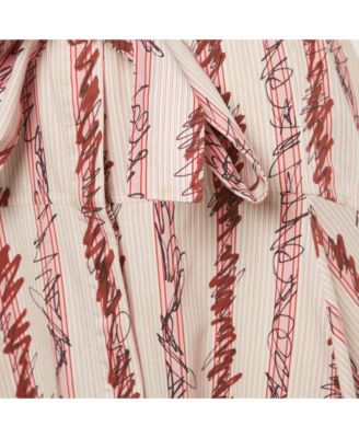 Women's Pink Scribble Printed Cotton Belted Shirt Dress