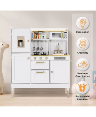 Pretend Play Kitchen Wooden Toy Set for Kids w/Lights & Sounds, Utensils, Oven, Microwave