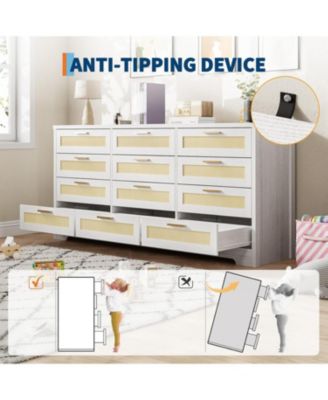 12 Drawer Dresser for Bedroom, Wood Storage Organizer with Rattan Panel Drawers and Handles - Modern Rattan Chest of Drawers