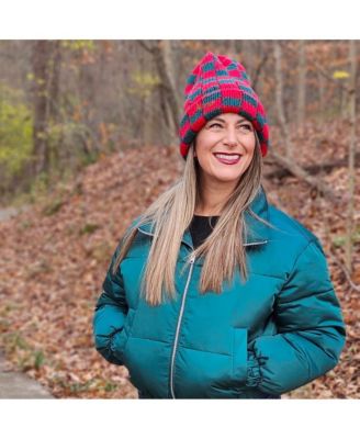 Women's Two-Tone Checkerboard Knit Beanie - Red + Green