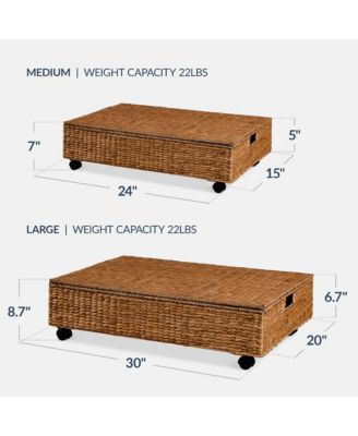 2PC Water Hyacinth Nesting Underbed Storage Baskets with Wheels