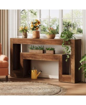 63-Inch Long Console Table with 2-Tier Shelf,Wood Farmhouse Sofa Table Behind The Couch,Narrow Sofa Table, Rustic Brown