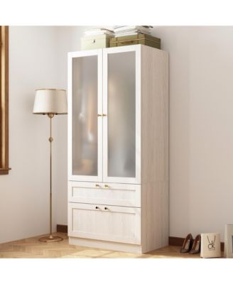 Wardrobe Closet with 2 Glass Doors & 2 Drawers, Wardrobe Closet Armoire with Hanging Rod