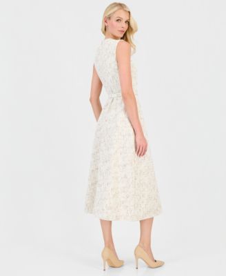Women's Tweed Rosette Belted Midi Dress
