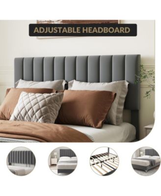 Queen Velvet Adjustable Platform Bed with Headboard, Strong Wood Slats, Noise-Free, No Box Spring, Dark Grey
