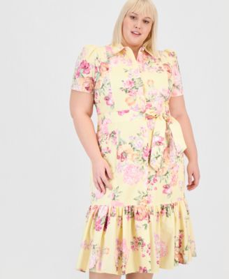 Plus Size Printed Belted Tiered Cotton Poplin Midi Dress