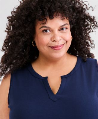 Plus Size Split-Neck Solid Knit Tank Top