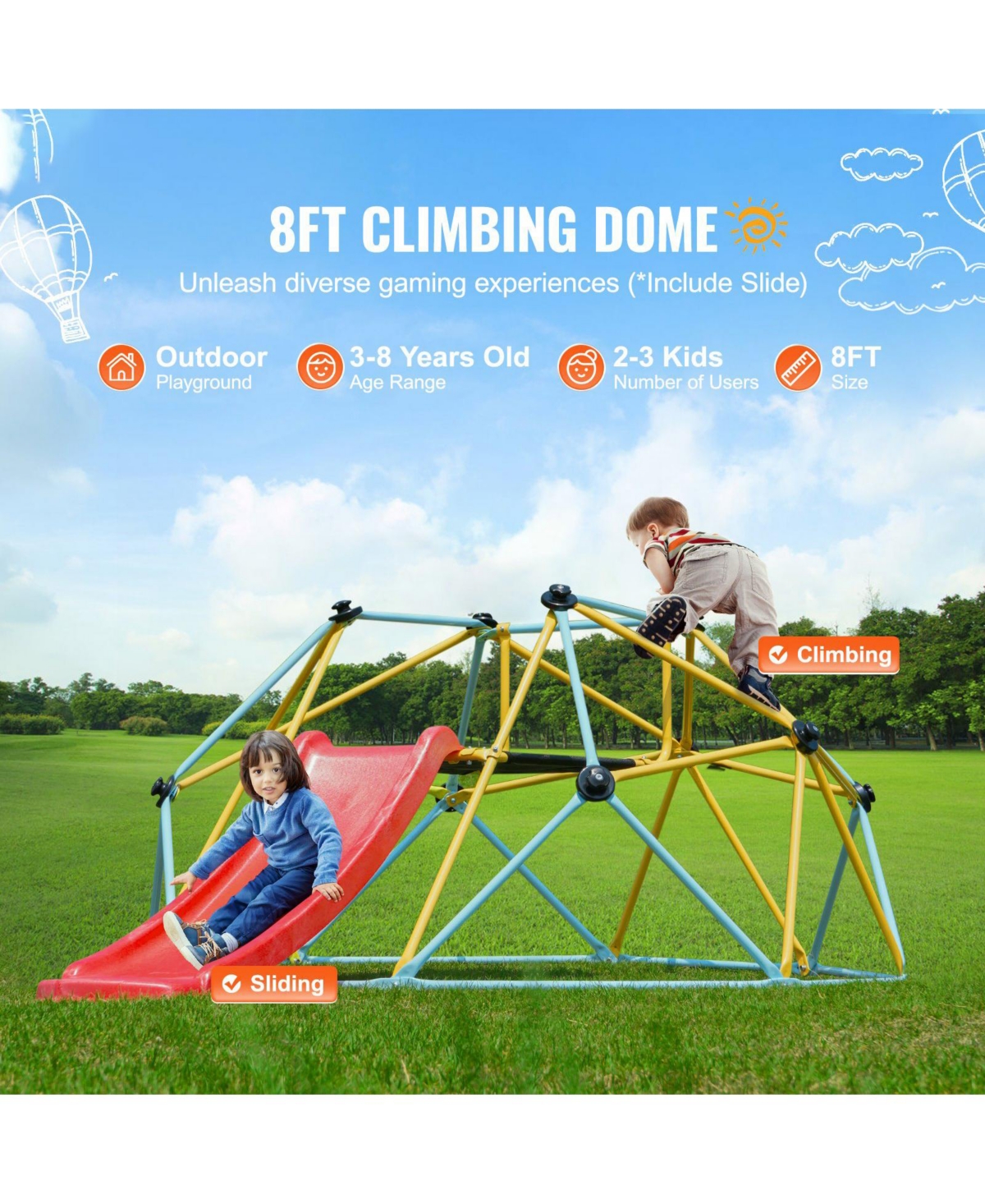 Sugift 8FT Kids Climbing Dome with Slide for Indoor Outdoor Play
