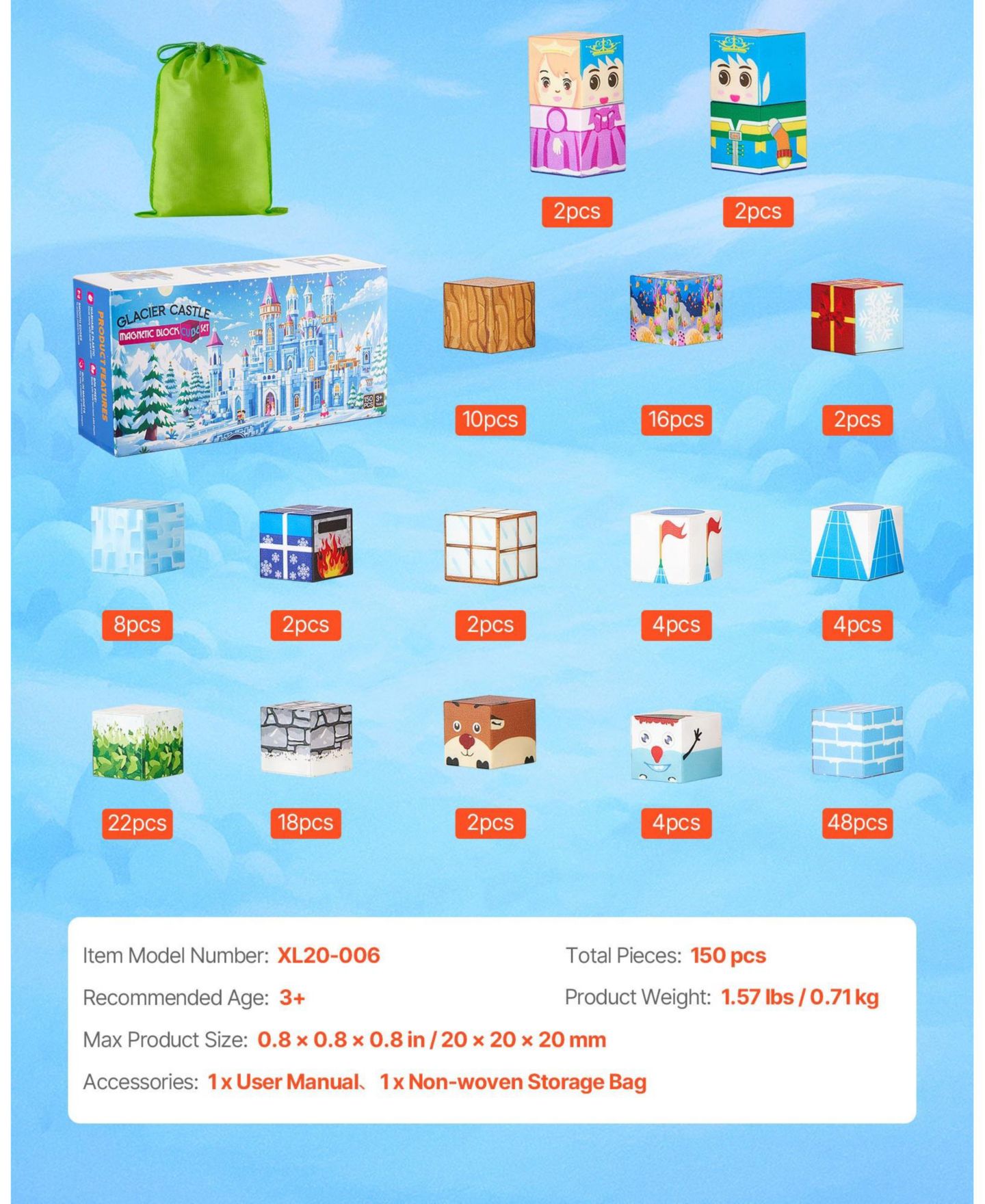 Детский конструктор SUGIFT Glacier Castle 150-Piece Magnetic Building Set, Ages 3+, цвет: Синий — фото 3