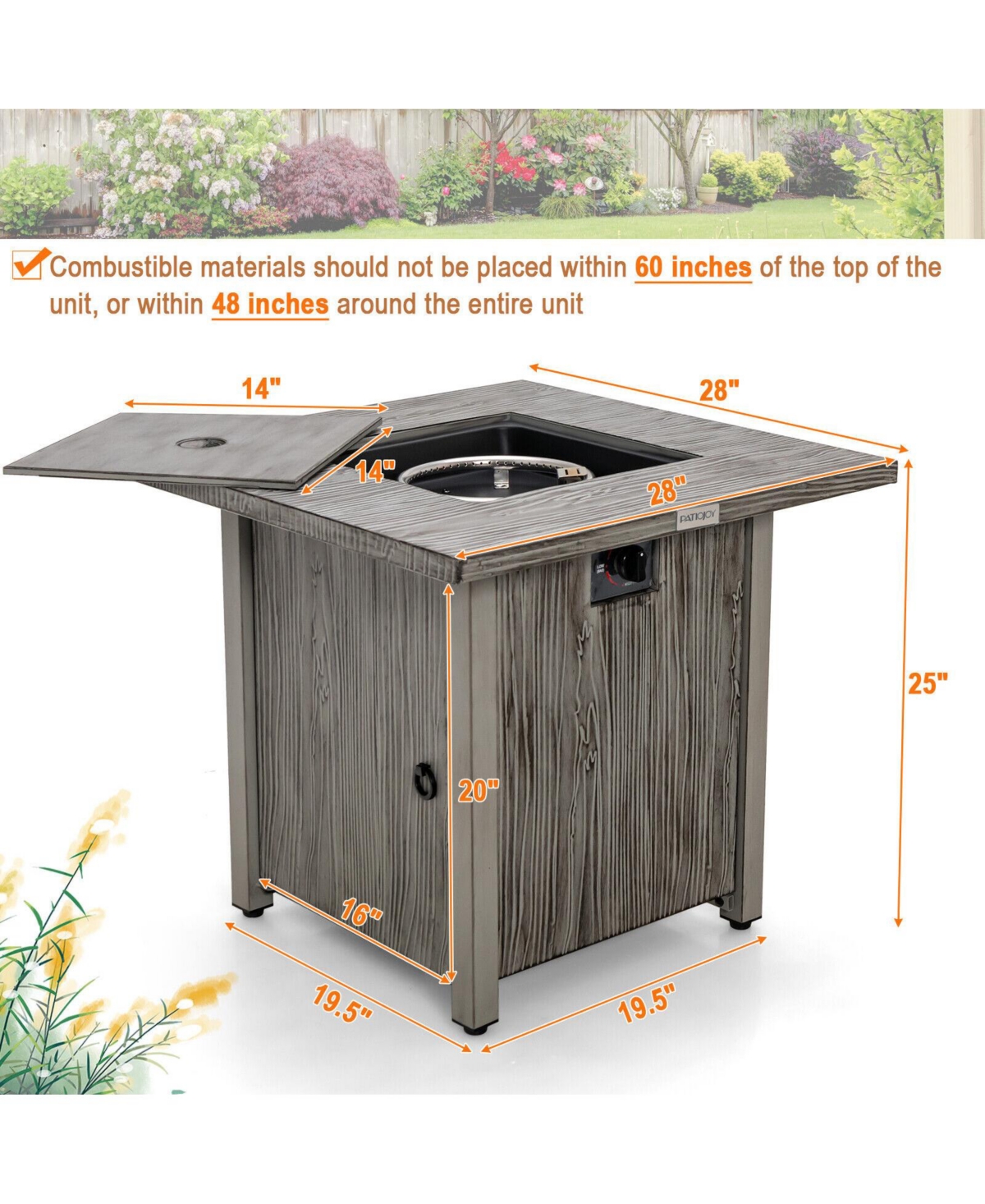 Sugift 28 Inch 40000 Btu Square Fire Pit Table with Lid and Lava Rocks