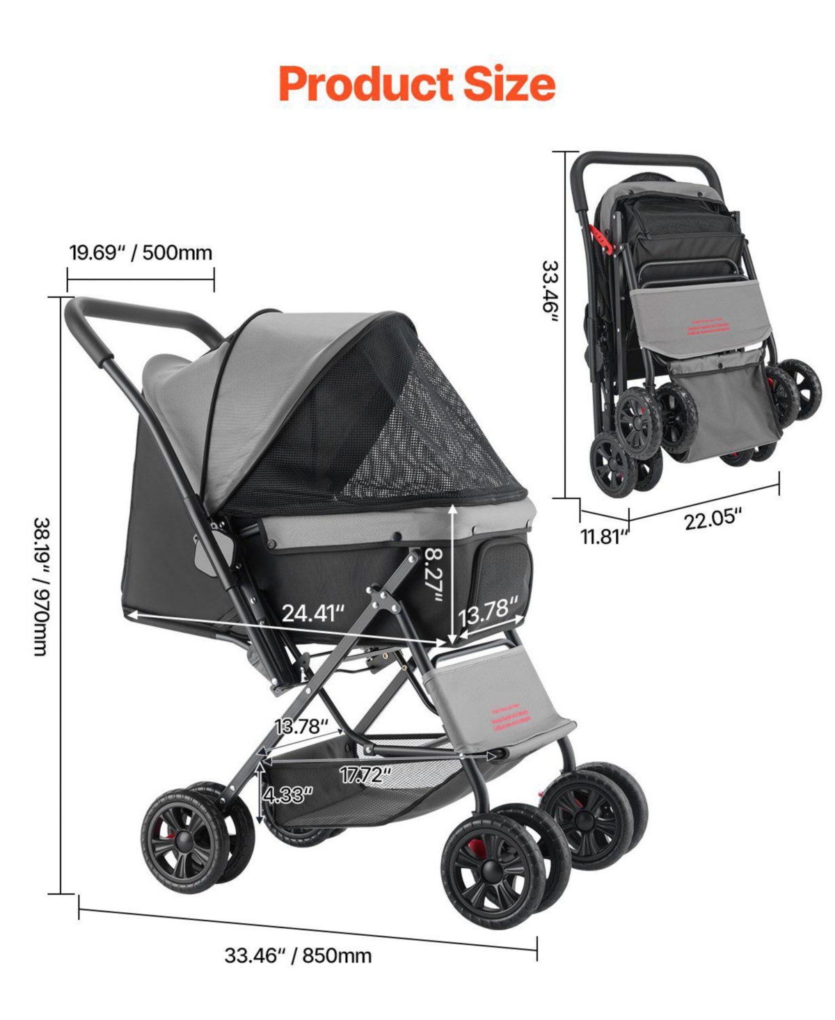 Pet Stroller 44 Lb Foldable 4-Wheel Dog Stroller with Reversible Handle