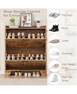 Shoe Storage Cabinet with 2 Flip Drawers, Narrow Shoe Cabinet for Entryway, Freestanding Hidden Slim Shoe Organizer Cabinet with Hooks