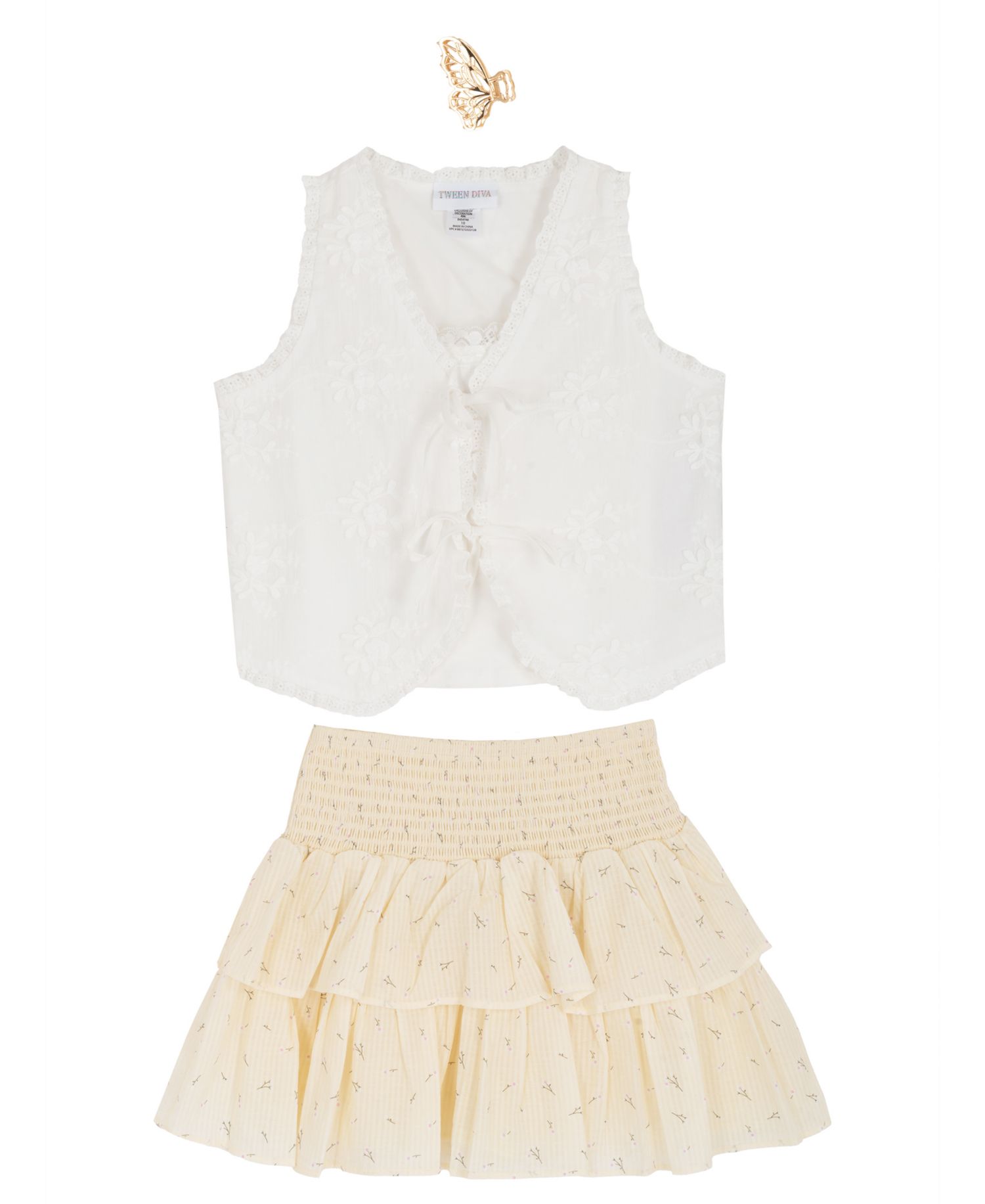 Girls' 7-12 Eyelet Vest, Cami and Floral Skort, 3-Piece Set