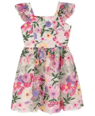 Girls' 7-16 Floral Embroidered Square Neck Dress