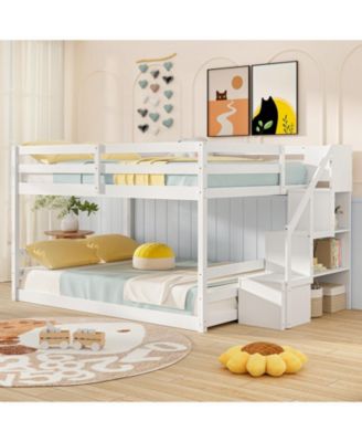 Low Full Bunk Bed with Solid Wood and Storage Steps