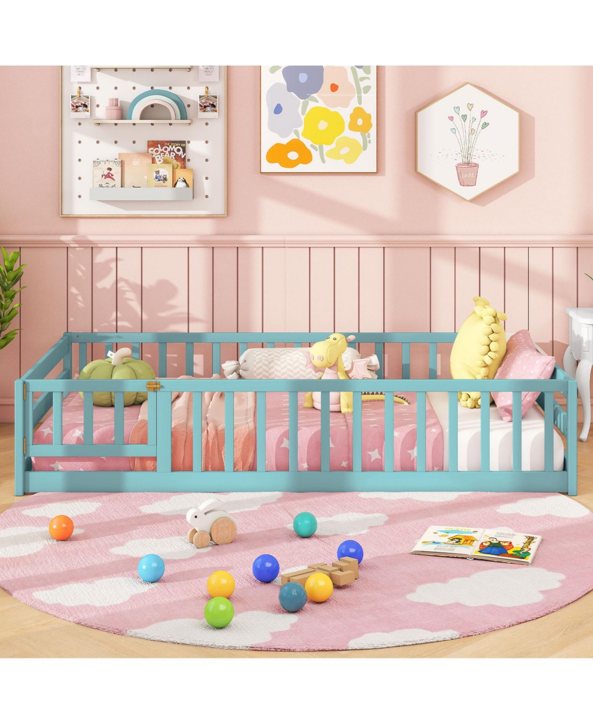 Twin Kids Wood Montessori Floor Bed with Door and Fence