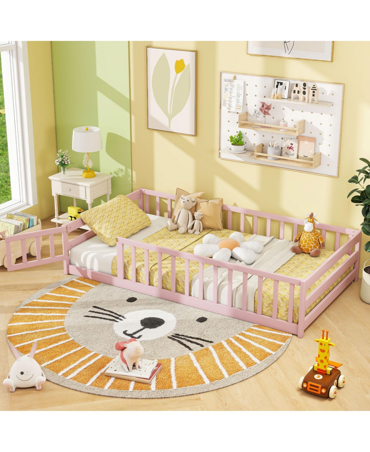 Twin Size Kids Wood Montessori Floor Bed with Door and Fence