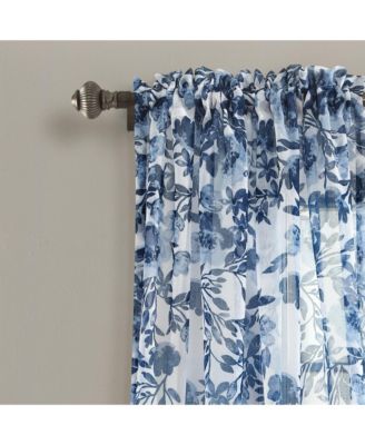 Tanisha Sheer Window Curtain Panels 38"W x 84"L Navy & White - Floral Curtains for Living Room - Sheer Curtains for Bedroom