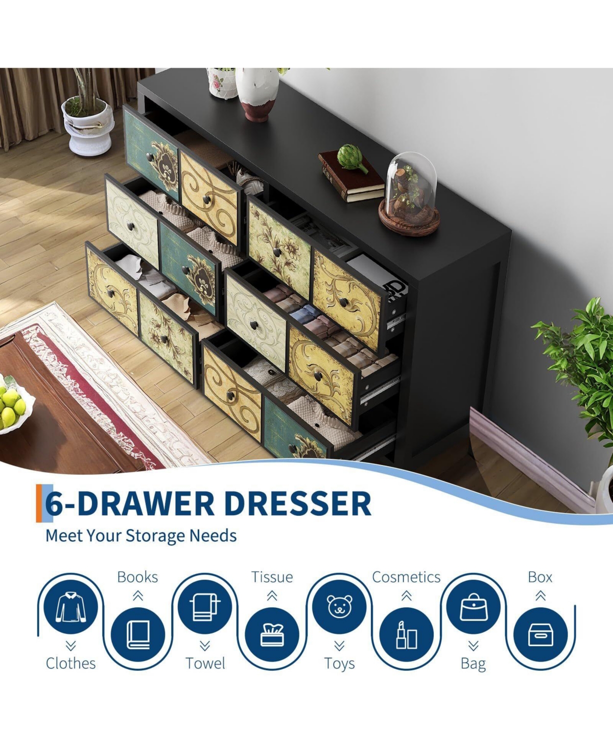 Gaomon 6 Drawers Dresser for Bedroom, Wooden Farmhouse Dresser with Metal Handle