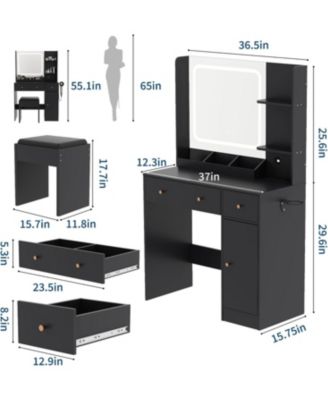 Lighted Vanity Desk Set, Bedroom Makeup Dressing Table with Comfortable Padded Stool