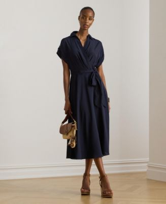 ralph lauren navy blue wrap dress Ralph Lauren NAVY 3/4-Sleeve Ruched Front Jersey Wrap Dress, US 12 Petites