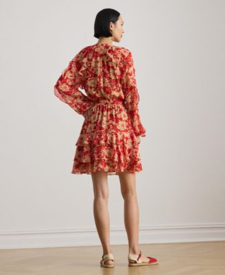 Women's Print Ruffle Trim Band Collar Tiered Dress