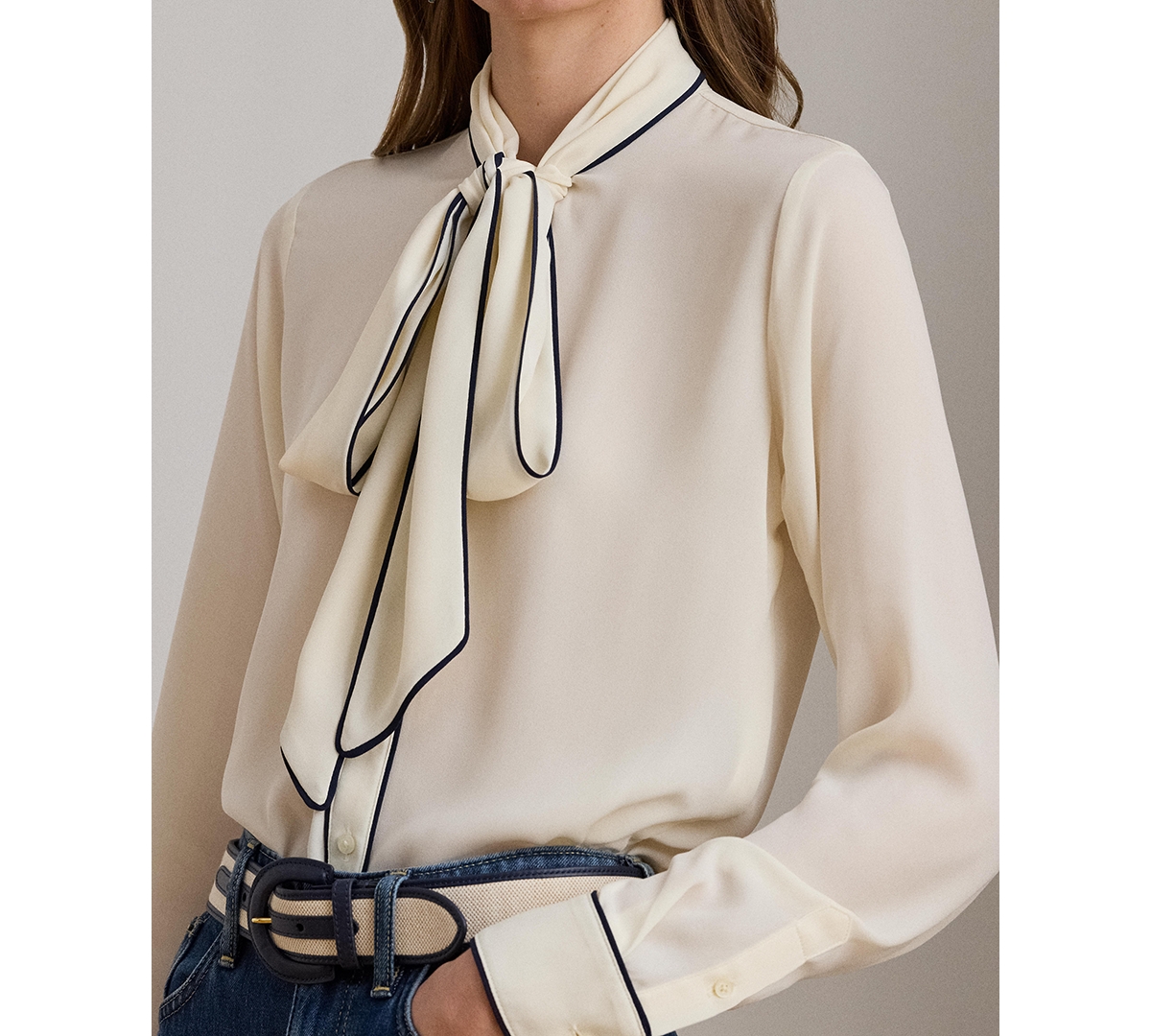 Lauren Ralph Women's Two-Tone Tie-Neck Top