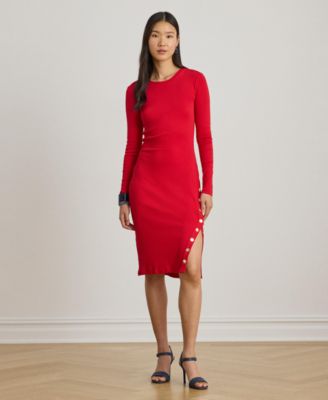 Women's Button-Trim Ribbed Round Neck Dress