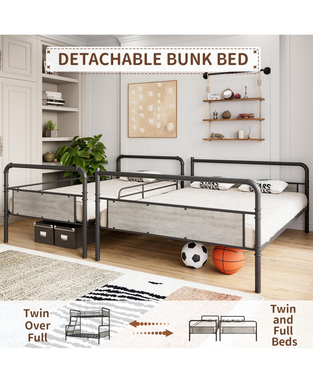 Gaomon Bunk Bed Twin Over Full with High Guardrail and Ladder, Convertible Metal Bunk Beds