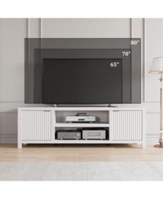 Fluted TV Stand for 80 Inch TV, Modern Entertainment Center with Storage & Gold Handles