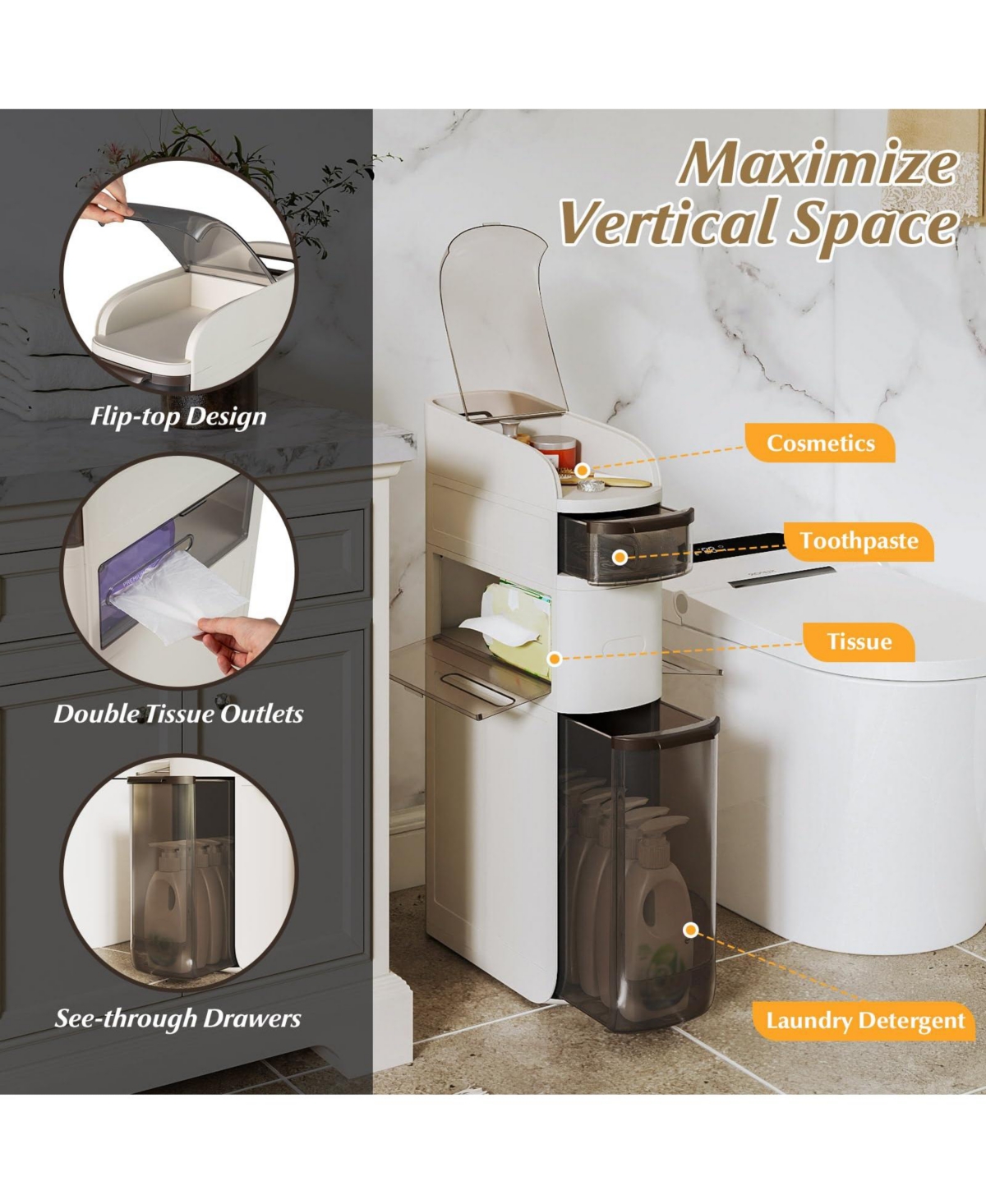 Volenca Space-Saving 4-Tier Bathroom Storage Cabinet with Drawers and Tissue Box