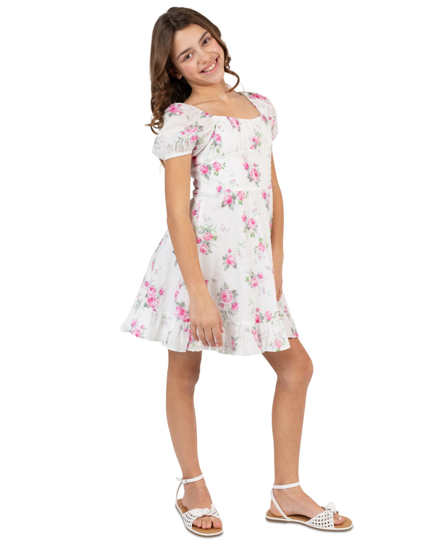 Платье Rare Editions Printed Square Neck Dress для девочек, цвет: Слоновая кость — фото 1