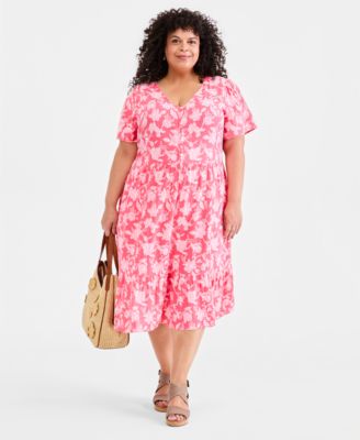 Plus Size Printed Flutter-Sleeve Cotton Dress