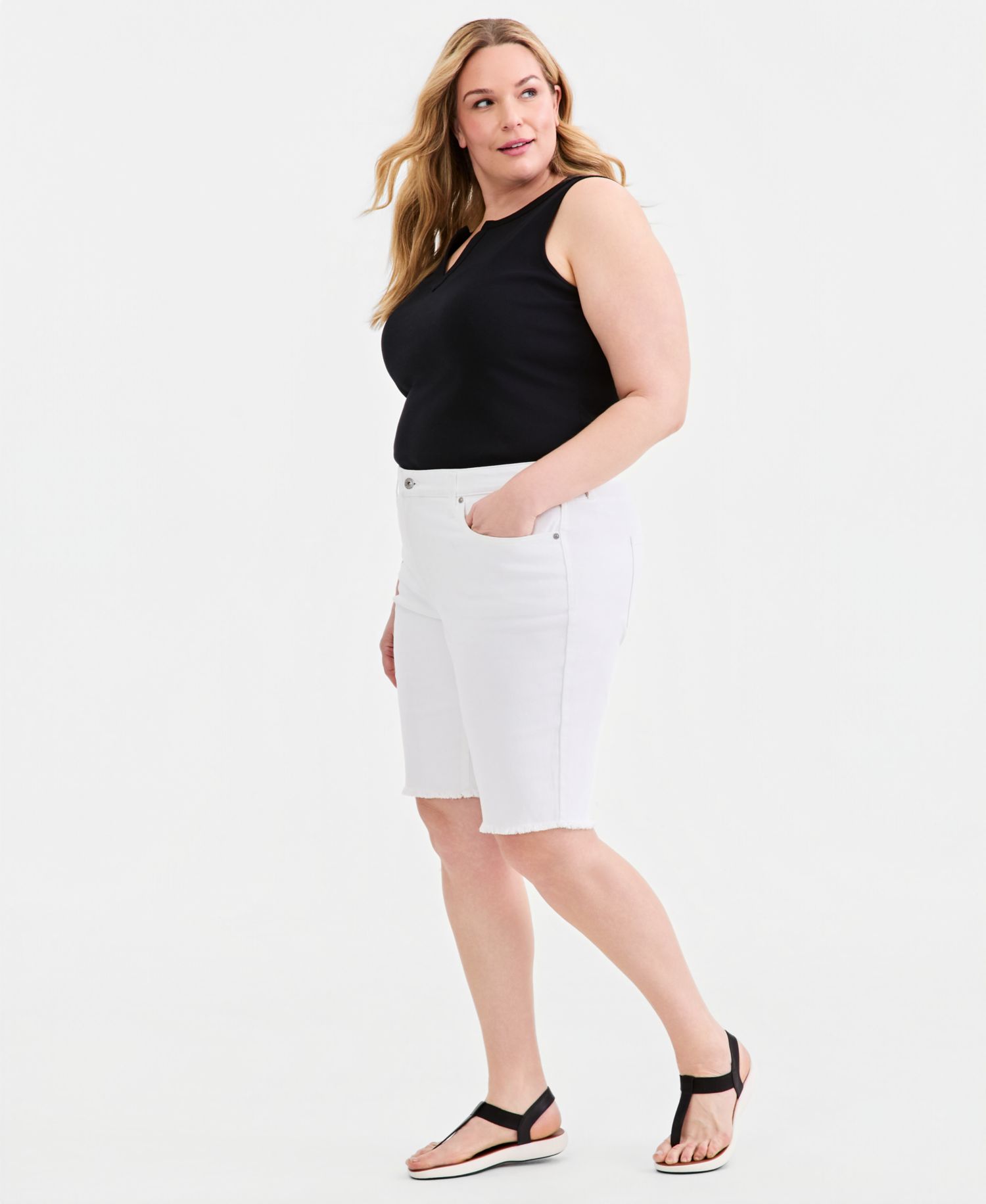 Plus Size Mid-Rise Raw-Edge Bermuda Jean Shorts