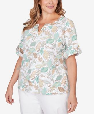 Plus Size Printed Elbow Sleeve Banded V-Notch Top