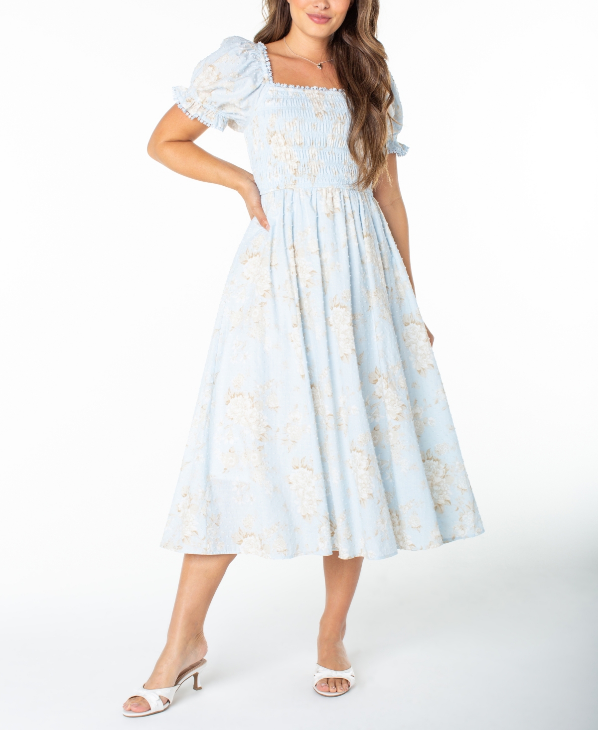 Celebrity Pink Juniors' Textured Floral Printed Puff-Sleeve Midi Dress