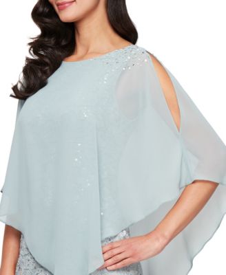 Petite Round-Neck Sequin Lace Cape Dress