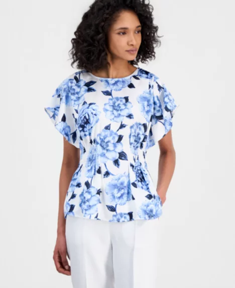 Petite Flutter-Sleeve Smocked-Waist Floral Top - Bright White Multi