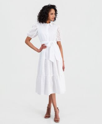 Women's Puff-Sleeve Midi Eyelet Shirtdress