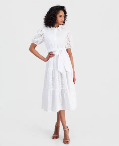 Petite Puff-Sleeve Midi Eyelet Shirtdress - Crisp White