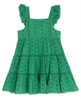 Girls' 2T-6X Eyelet Flutter Sleeves Tiered Dress