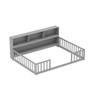 Full Size Montessori Floor Bed with Bookcase Storage