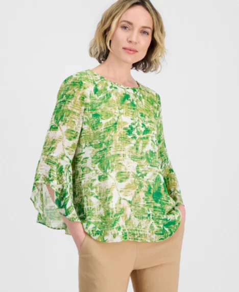 Petite Ruffle-Cuff 3/4-Sleeve Top - Lush Green Multi