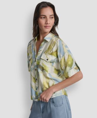 Women's Roll-Tab Sleeves Collar Neck Top