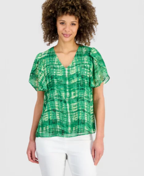 Petite Tulip-Sleeve V-Neck Top - Lush Green Multi