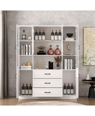 Kitchen Storage Cabinet with Glass Doors, Kitchen Pantry Cabinet with Shelves & 3 Drawers