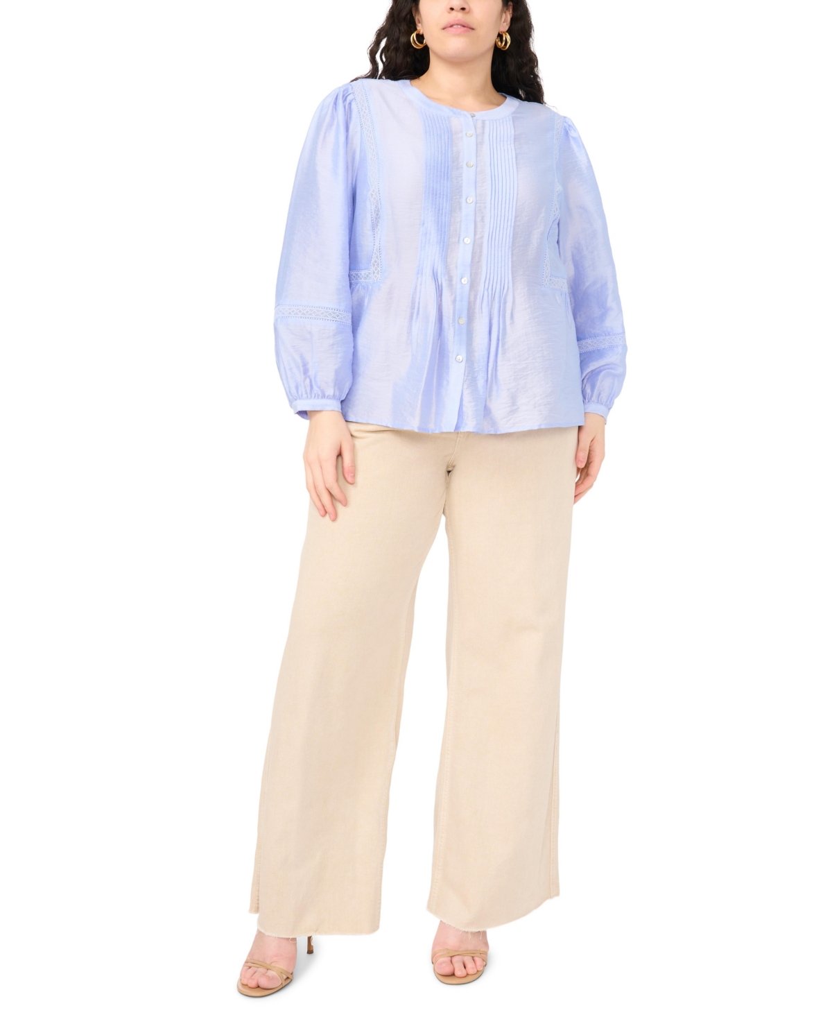 Vince Camuto Plus Crewneck Pleated Front Long Sleeves Blouse