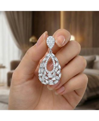 Sterling Silver Baguette & Round CZ Pear Shape Drop Earrings