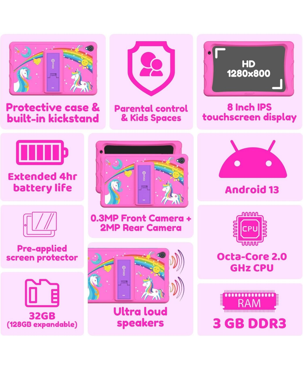 Contixo K80A 8" Kids Learning Tablets, Disney eBook Pre-Installed, Android 13, 32GB, Kid-Proof Case & Stylus